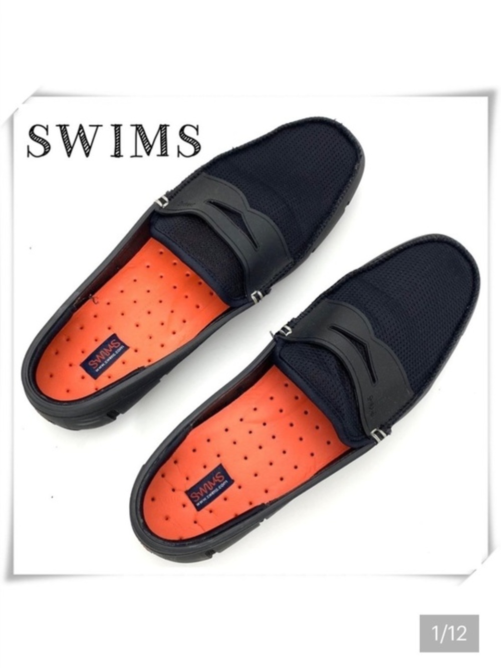 SWIMS Men’s Navy Mesh + Rubber Penny Loafers - Orange Insole Size 13